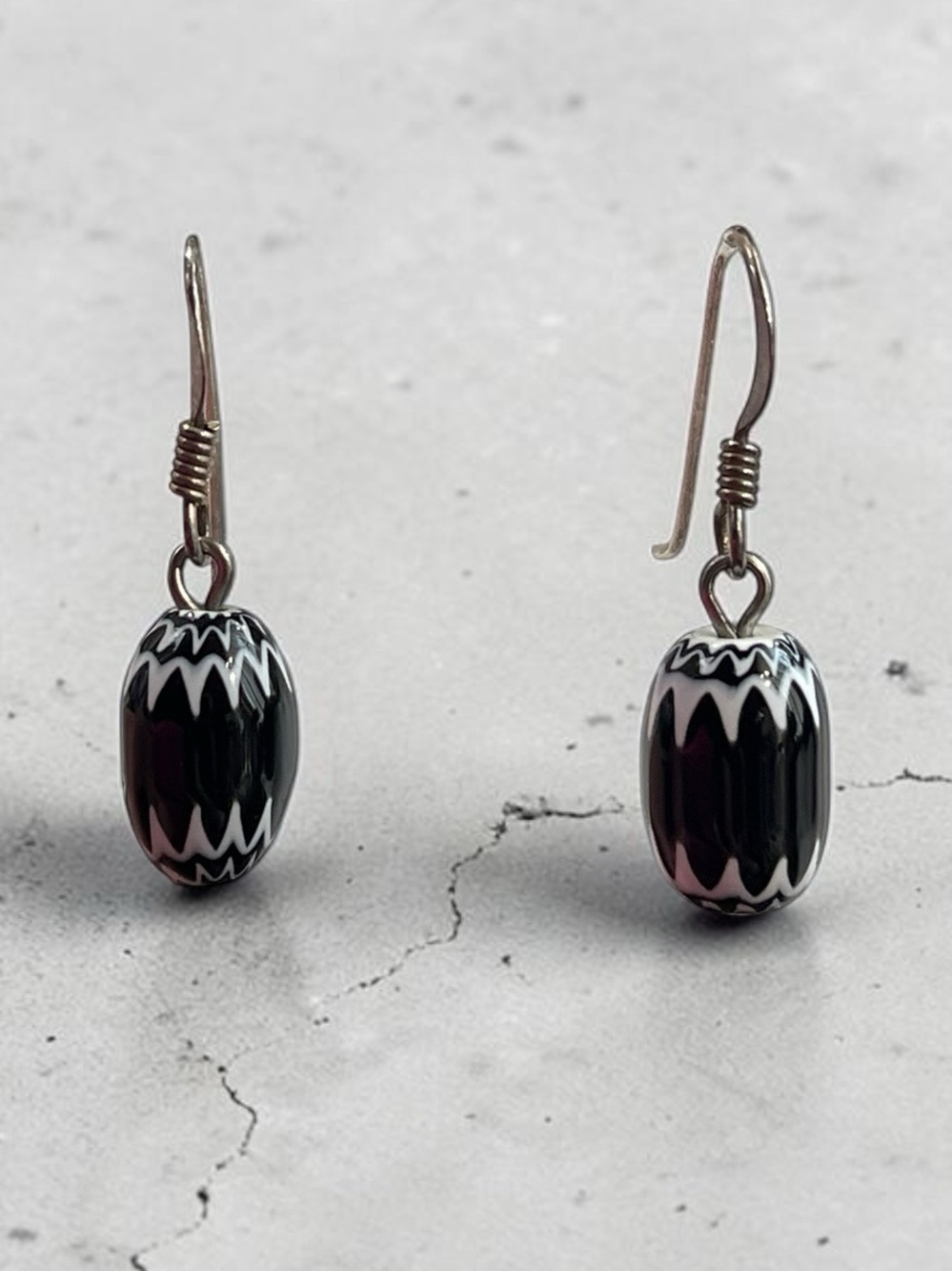 Sterling Silver Black White Chevron Bead Drop Earrings